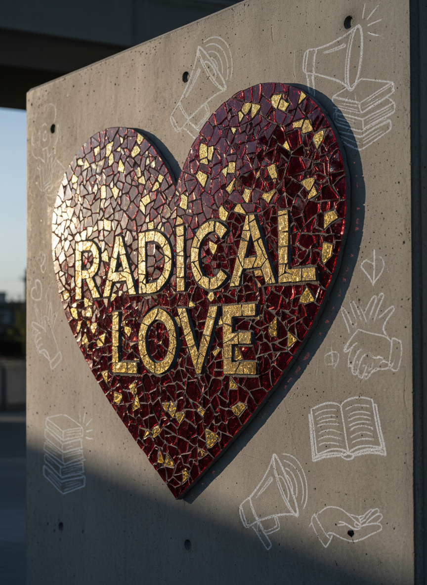 A bold, oversized heart-shaped mosaic made from tiny fragments of broken red, gold, and deep purple glass, each shard carefully arranged into the words “Radical Love” across the center. The mosaic rests against a rough, charcoal-gray concrete wall covered with faint chalk outlines of community-centered symbols like books, megaphones, and open hands. Late afternoon natural light slants in from the left, creating sharp contrasts and sparkling highlights on the glass surface, while the background falls into a soft blur. Photographic realism, eye-level composition, and a slightly wide-angle lens create a powerful, grounded atmosphere that feels determined, unapologetic, and full of transformative energy, perfectly embodying abolition and community care without showing any people.