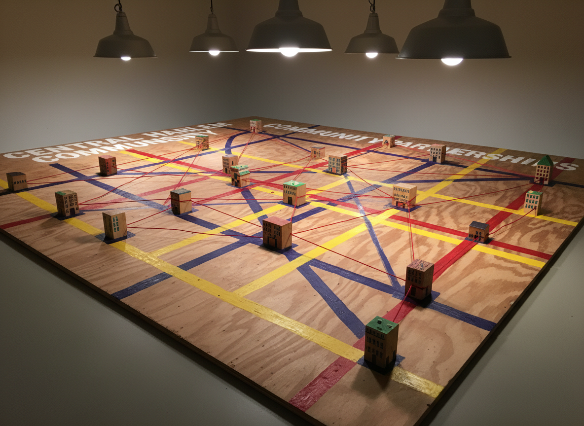 An intersecting network of bold, painted lines in deep red, indigo, and bright yellow sprawls across a large, weathered plywood board, forming a stylized neighborhood map labeled “Central Harlem Community Partnerships.” Small wooden blocks painted as tiny buildings, libraries, and community gardens are placed at key intersections, connected by thin pieces of crimson yarn that stretch between them like veins. Overhead industrial-style pendant lights cast a warm, even glow, making the colors rich and saturated while soft shadows define the textures of wood and paint. Captured from a slightly elevated, three-quarter angle with full sharpness, the photographic scene feels strategic, creative, and visionary, symbolizing interconnected community partnerships and abolitionist infrastructure without depicting any people.