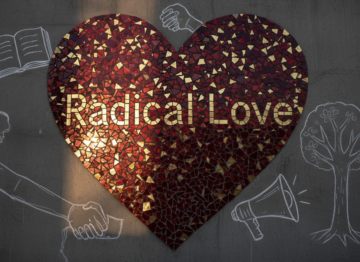 A bold, oversized heart-shaped mosaic made from tiny fragments of broken red, gold, and deep purple glass, each shard carefully arranged into the words “Radical Love” across the center. The mosaic rests against a rough, charcoal-gray concrete wall covered with faint chalk outlines of community-centered symbols like books, megaphones, and open hands. Late afternoon natural light slants in from the left, creating sharp contrasts and sparkling highlights on the glass surface, while the background falls into a soft blur. Photographic realism, eye-level composition, and a slightly wide-angle lens create a powerful, grounded atmosphere that feels determined, unapologetic, and full of transformative energy, perfectly embodying abolition and community care without showing any people.