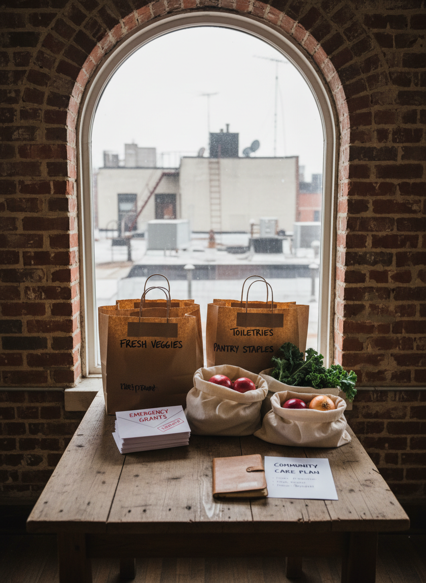 A sturdy wooden table covered with a carefully organized spread of mutual aid essentials: neatly stacked brown paper grocery bags with handwritten labels, rows of fresh produce in reusable cloth sacks, envelopes stamped “Emergency Grants,” and a small, well-worn notebook open to a bold header reading “Community Care Plan.” The table sits in front of a large window framed by exposed brick, with overcast daylight softly illuminating the scene and creating gentle shadows underneath each object. Photographic realism with a shallow depth of field keeps the focus on the supplies while the background of blurred urban rooftops hints at a dense city. Captured at a slightly elevated angle, the mood is practical, urgent, and hopeful, emphasizing direct service and mutual support.