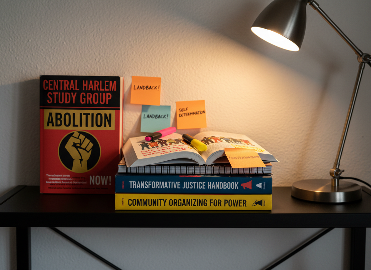 A stack of radical political education materials arranged on a matte black metal shelf: vividly colored books with titles about abolition, transformative justice, and community organizing, alongside a thick spiral-bound zine titled “Central Harlem Study Group.” A pair of highlighters and sticky notes are scattered on top, with bold annotations visible on an open page. The shelf stands against a textured off-white wall, with a bright desk lamp casting warm, focused light from the upper right, creating crisp shadows and a sense of intensity. The photographic image is shot at eye level, using a narrow depth of field that keeps the central books tack-sharp while softly blurring the edges. The overall atmosphere is bold, studious, and insurgent, conveying political education as a tool for liberation.