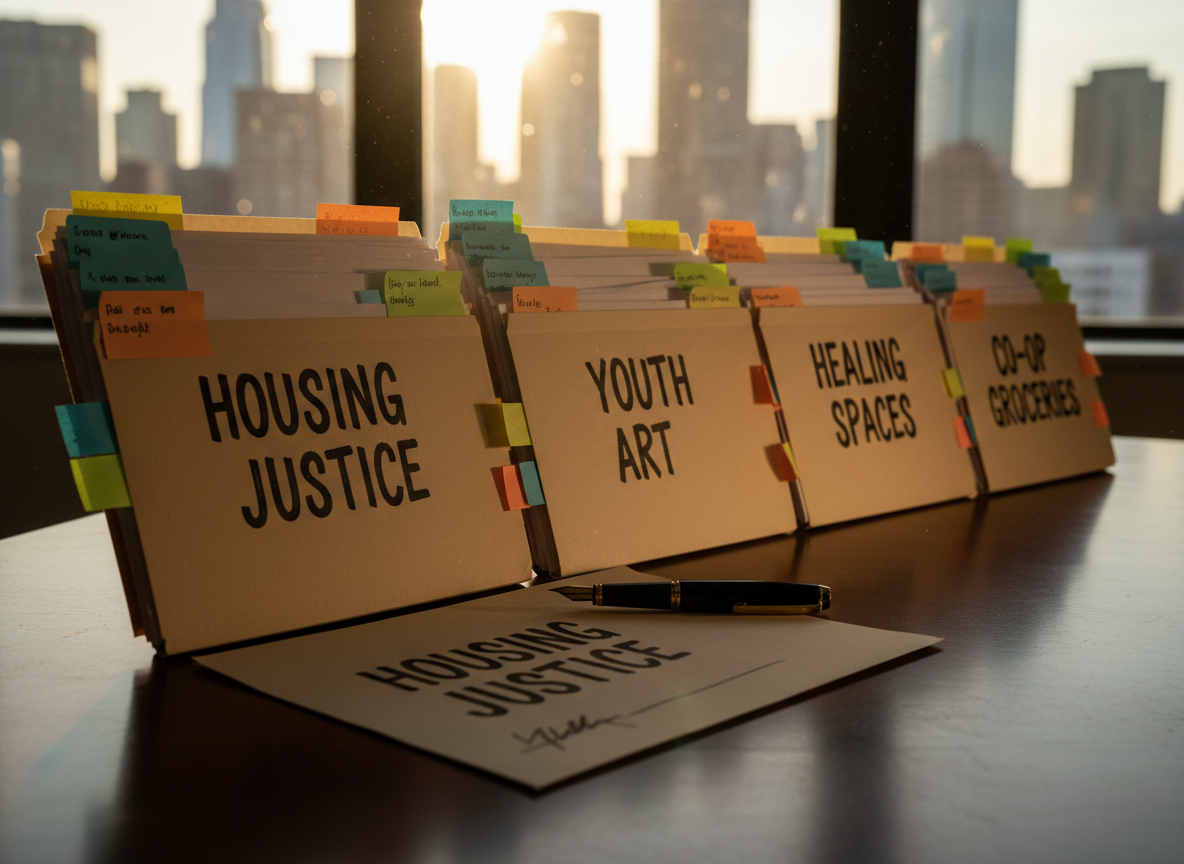 A row of community grant folders spread across a dark walnut desk, each thick kraft-paper folder stamped in large, ink-brush letters with words like “Housing Justice,” “Youth Art,” “Healing Spaces,” and “Co-op Groceries.” Colorful sticky notes protrude from the edges, and a black fountain pen rests diagonally across one folder, leaving a fresh signature line still glistening with ink. The desk is set near a large city-facing window at golden hour, with warm sunlight streaming in, catching dust motes in the air and creating long, dramatic shadows. Shot from a low, side angle in photographic realism, the composition uses the rule of thirds to emphasize the folder labeled “Housing Justice.” The mood is focused, decisive, and empowering, highlighting grantmaking as a direct investment in community care.